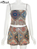 Summer Sexy Tassel 2 Two Piece Sets For Women 2023 Sleeveless Backless Cami Crop Top And Bandage Shorts Sets Fashion