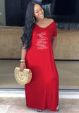 V-neck Short Sleeves Print Loose Maxi