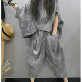 Women's Suits Original Designer Style Pure Linen Suit Loose Irregular T-shirt Harem Pants Zen Two Piece Sets Summer