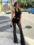 Stacked Lace Pants Women Solid Sexy See Through High Waist Slim Trouser Simple Solid Trend Female Stunning Chic Bottoms-Outfit