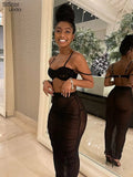 Sisterlinda Sexy Mesh Women Two Piece Suits Summer See Through Wrapped Camisole+Ruched Skirt Lady Maching Party Clubwear