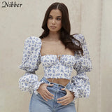 Elegant Romantic Small Floral Female Y2k Top Crop Top Sweet Slim High Streetwear Woman Casual Pleated Club Tees