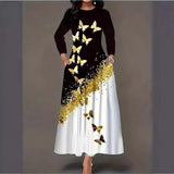 Women's Autumn And Winter Butterfly Print Long-Sleeved Dress Pocket Temperament Round Tie Sling A Word Long