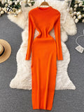 Autumn Senior Knitted Dress Women Long Sleeve Elastic Waist Split Sweater Dress Ladies Party Sexy Warm Long