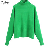 Women Simply Mock Neck Solid Green Color Casual Knitting Sweater Female Chic Basic Long Sleeve Pullovers Brand Tops