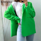 Women Chic Oversized Green Blazer Spring Single Buttons Female Loose Suit Jacket Full Sleeve Y2K Outwear Blazer