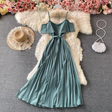 Summer Vintage Green/Beige/Purple Spaghetti Strap Pleated Long Dress Women Casual Off Shoulder Beach Party Vestidos 2021