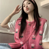 Sweet Flower Embroidered Knitted Vest Girls 2024 Spring And Autumn New Loose Soft Waxy Sweater Back Trend-Outfit