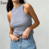 Underwear 2021 Summer Ribbed Knitted Sexy Square Collar White Crop Tops Casual Women Off Shoulder Tank