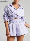 Women Tracksuits Shirt with Mini Shorts 100% Cotton Two Pieces Sets Fashion Outfits Women Blouses Short