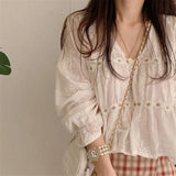 White Blouse Spring Hollow V-neck Blouse Women Fashion Flower Loose Ladies Shirt Korean Sweet Long Sleeve Blusas