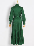 Vintage Green Lace Up Long Dress Female Stand Collar Lantern Sleeve High Waist Maxi Dresses For Women 2022