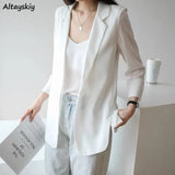 Women Fashion Loose Solid Long Sleeve Notched Thin Sunscreen Leisure All-match Korean Style Minimalist Summer