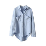 Autumn Women Solid Cotton Blouse Korean Long Sleeve Top Women Vintage Gray Top and Blouse with Pocket Women's Clothing