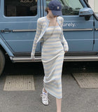 Knitted Women Fashion Two Piece Set 2021 Autumn Long Sleeve Cardigan Tops And Sexy Sheath Sling Dress Elegant Suit