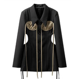 Patchwork Colorblock Cut Out Bandage Blazer For Women Slim Lapel Long Sleeve Mini Coats Female 2021 Autumn