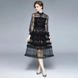 Vintage Cascading Ruffles Flower Dress New Spring Women Sweet Lace Mesh Dot Stand Bow Floral Embroidery Party
