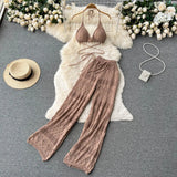 Women Summer Knitted Set Halter Short Tops+ Hollow Wide Leg Long Pants Sets Shell Beach Sexy Backless Two Piece