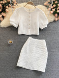 Summer Fashion Elegant Sweet Chic Women Skirt Sets Puff Sleeve Thin Suit with Skirt Short Top High Waist Skirt 2 Piece