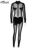 Autumn Sexy Mesh Patchwork Jumpsuit Club Outfit For Women 2023 Long Sleeve See Through One Pieces Female Casual