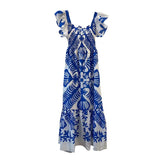 Vintage Blue Print Dress For Women Square Collar Short Sleeve High Waist Slim Maxi Dresses Female 2021 Summer
