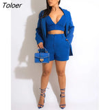 3 Piece Set Long Sleeve Blazer Coat Button shorts and Strap Crop Top Autumn Outfits Blazer Suit Street Women