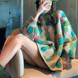 Winter Retro Sweater Loose Green Pullover Knitted Gentle Sweet Outerwear Top Soft Comfortable O-Neck Puff Sleeve