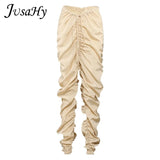 Autumn Y2K Solid Casual Straight Pants for Women Fashion Pleated High Waist Elastic Trousers Streetwear Female