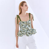 Causal Vest For Women Square Collar Spaghetti Strap Print Sleeveless Hit Color Ruffles Vests Female