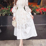 Embroidery Lace Dress Women 2023 Elegant Long Sleeve Vestido Party Autumn Hook Flower Hollow Vintage Woman Clothing