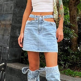 Streetwear Cut Out Mini Skirt For Women High Waist Solid Minimalist Denim Skirts Female Fashion Clothing Style