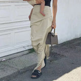 Street Drawstring Split Long Skirt Women High Waist Fashion Korean Basic Cargo Skirts Lady Harajuku Y2K Outfits-Outfit