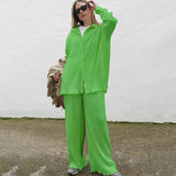 Women Two Piece Pleated Pants Suits Casual Chic Solid Color Long Sleeve Shirts Straight Leg Trousers Set Matching Sets New-Outfit