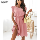Elegant Ruffle Party Dress Women Casual O-Neck Sleeveless Lace-up Dresses 2022 Office Lady Fashion White Pink Dress