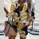 Print Long Sleeve Shirts and Short Pants Set Women Spring Summer New Single Breasted Blouse Pocket Shorts 2 PC