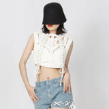 TWOTWINSTYLE Cut Out Tank Tops For Women Round Neck Sleeveless Bandage Solid Vests Female Sexy Clothing Summer New 2022