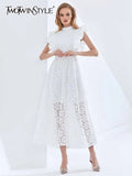 Embroidered Ruffle Trim Dress For Women Stand Collar Sleeveless High Waist Black Dresses Female Fashion New