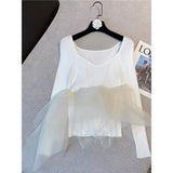 TWOTWINSTYLE Skinny Solid T Shirt For Women V Neck Long Sleeve Patchwork Mesh T Shirts Female Spring Fashion Clothing Style
