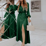 2022 Fashion Casual Long Vestidos Satin Wrap V-neck Long Puff Sleeve Maxi Dresses Women Elegant Pleated Split Party