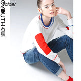 Women T-Shirts Autumn Patchwork Hit Color Long Sleeve Blouse Casual Loose Round Neck Basic Tops Cotton