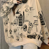 Winter Korean Fleece Hoodies Women O-neck Cartoon Print M-XXL Size Top Loose Thick Gray Khaki White Women's