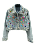 Women's Denim Coat Full Pearls Colored Beaded Crystal Long Sleeve Cool Burrs Female Jackets 2024 Summer New Fashion 29L4067-Outfit