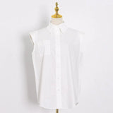 Slim Shirt For Women Lapel Sleeveless Solid Minimalist Button Through Blouse Female Korean Fashion Clothing
