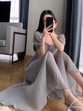 Puff Sleeve Long Dresses for Women Party Korea Fashion Slim Folds Square Collar Streetwear Bodycon Dress Elegant