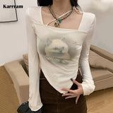 Cat Printed Long Sleeve Crop Tops Women Sexy Slim Square Collar Irregular T-shirt Autumn Chic Design Streetwear