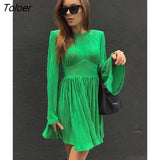 Stylish Green Pleated Dress Flare Sleeve O-Neck Spring Mini Dress Fit Flare High Waist Zipper Slim New Year Dress Lady
