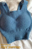 Winter Sexy Women Cashmere Warm Camis With Bra Pad Knitting Thick Tank Tops Sweet Tops For Women Plush