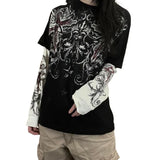 Women Gothic Fake Two-Piece T-shirts Fall Winter 2024 Vintage Top Clothes y2k Graphic Korean Style Long Sleeve Top Streetwear-Outfit