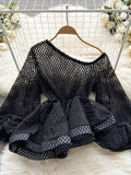 Summer Women Hollow Out Blouse Female Purple/Black/White Puff Long Sleeve Irregular Skew Collar Ruffle Shirts New Fashion