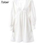 Deed V Neck Sexy Black Summer Dress Women Puff Sleeve A Line Female Dress High Waist Casual Elegant White Dresses